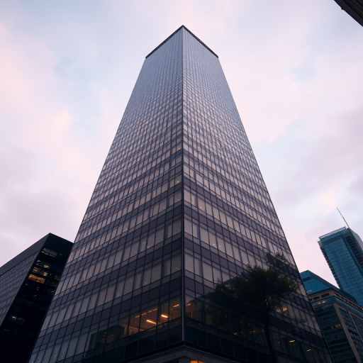 capture a low-angle shot of a modern skyscraper with reflective glass windows during twilight, using a camera with a wide-angle lens at f/8, ISO 200, shutter speed 1/250s, taken with a DSLR camera for enhanced clarity and depth