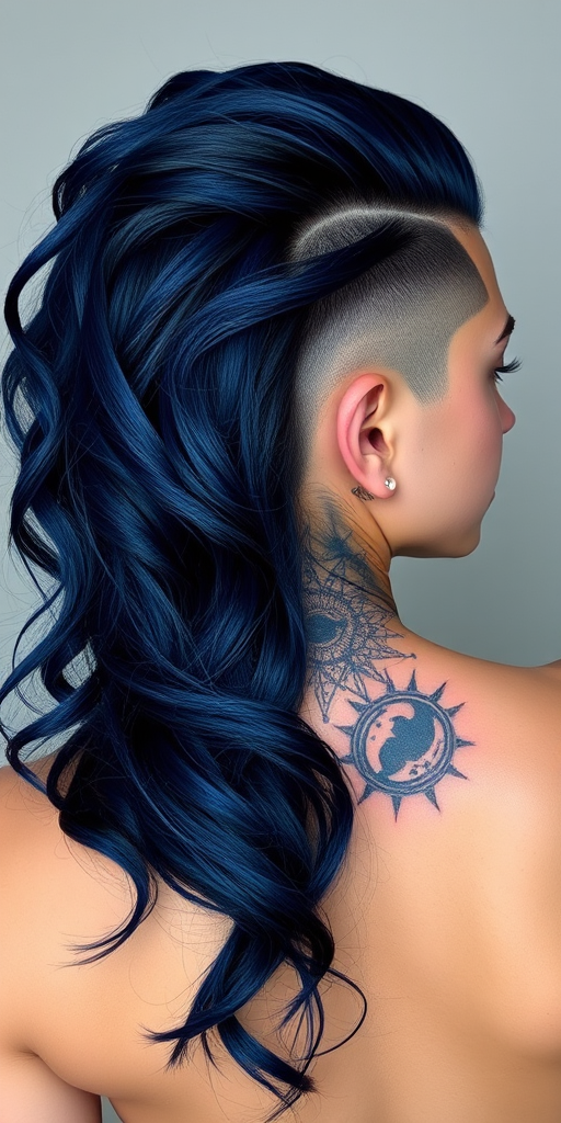 Deep indigo waves cascading down one side with the opposite half shaved and adorned with constellation tattoos, embodying celestial mystery named Stargazer's Mane