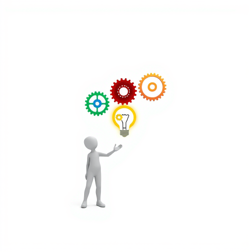 Create an image of a white background with a 3D figure presenting a light bulb made of colorful gears and cogs, captured with a DSLR camera at f/2.8 aperture, ISO 100, 50mm lens, and soft lighting to enhance details and contrast.