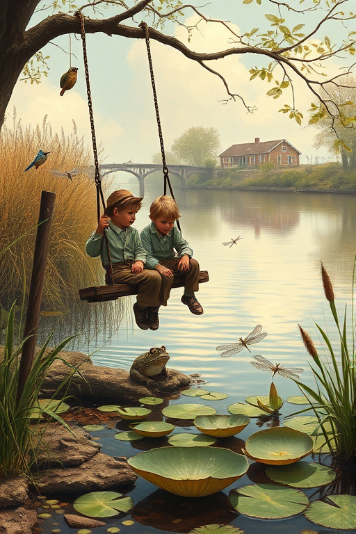 Imagine a small group of old fashioned young boys out fishing by the creek, a swing hanging from a tree branch, reeds and grasses by the water's edge, a frog sitting on a lily pad, dragonflies hovering over som water plans, a very iconic old fashioned scene reminiscent of a Norman Rockwell painting style
