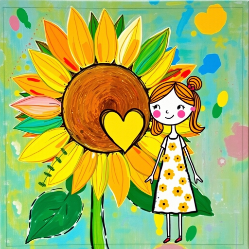 Stylized impressionism painting of a large sunflower with an oversized center and colorful petals. Beside, a young female character with eyes represented by dots and a mouth by a line, pink cheeks, hair attached, arms and legs a black line, flowery white dress triangle shape. A yellow heart surrounded by a black line between the two. Textured background with touches of colorful paint. Childish style.