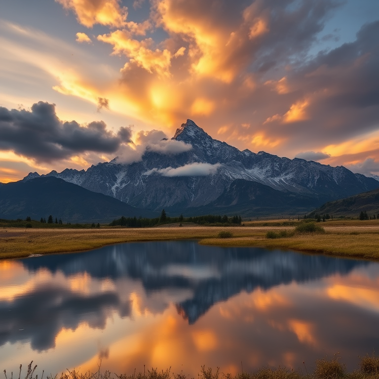 Generate a high-resolution landscape image of a mountain range during golden hour with dramatic clouds and reflections in a calm pond in the foreground using a DSLR camera, 24mm lens, aperture f/8, ISO 100, and a tripod for stability.