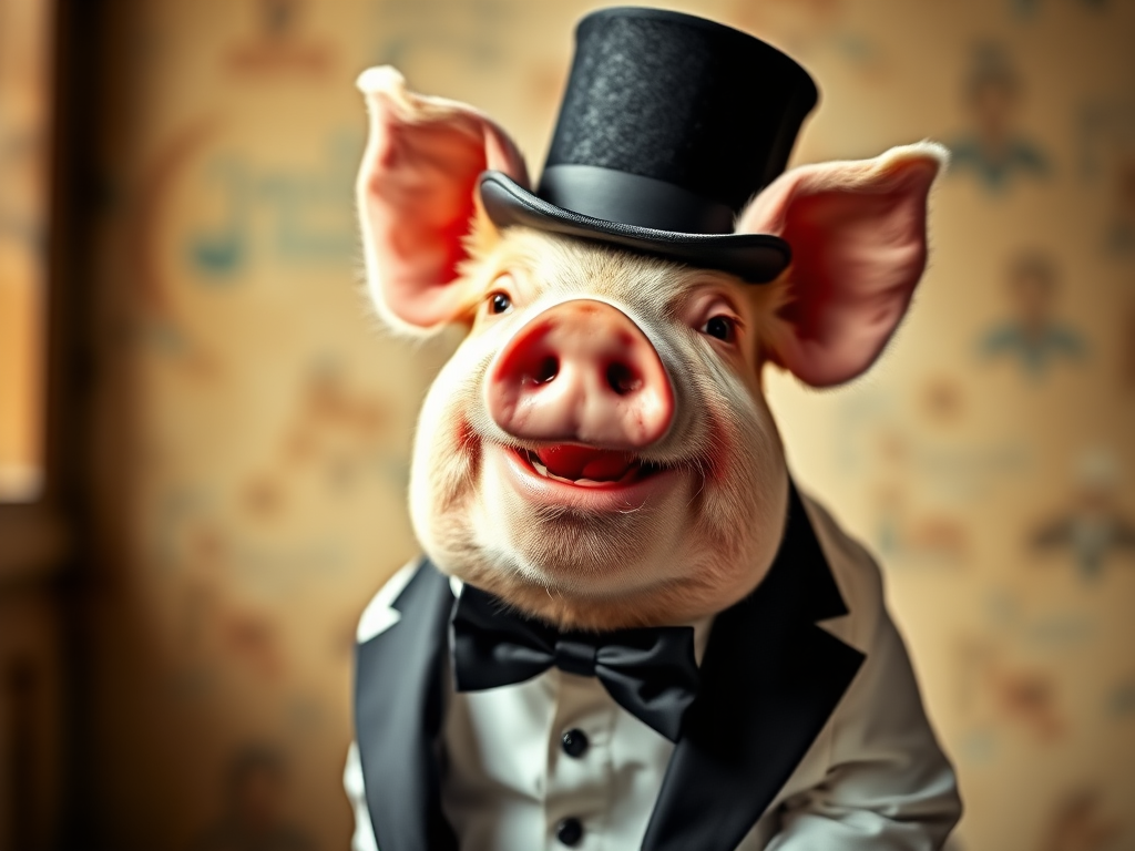 Regenerate the image of a smiling pig in a top hat and tuxedo, with a blurred vintage background, using a DSLR camera at f/2.8, ISO 100, 50mm lens, natural soft lighting to enhance details and contrast.