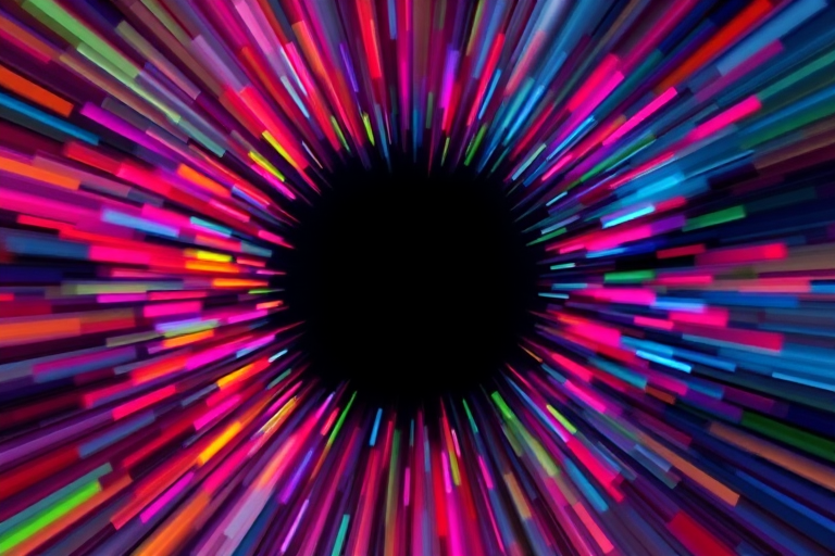 abstract burst of colors with a central dark void, high dynamic range, f/2.8 aperture, ISO 100, 1/60 sec shutter speed, 24mm lens, wide-angle view, digital camera, soft focus style