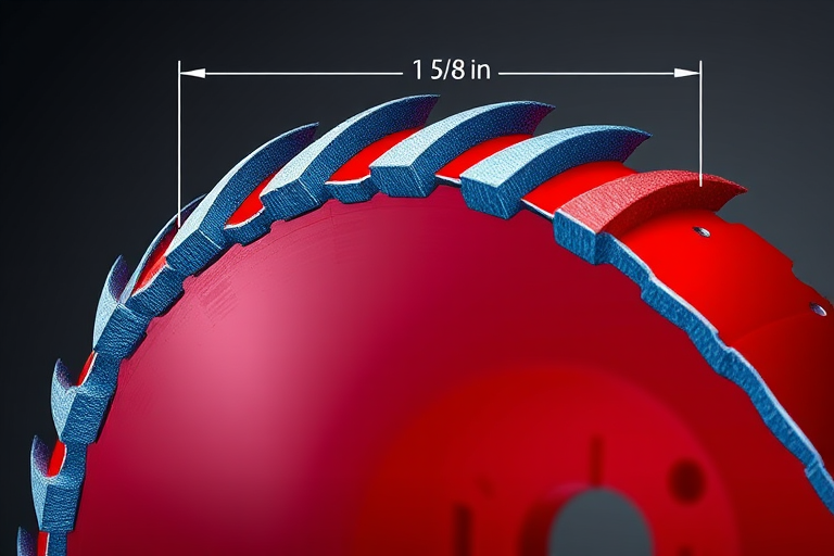 Detailed illustration of a hole saw with a red body and blue teeth, showing measurements of 1 5/8 in and 3/8 in, captured in high resolution with a macro lens, f-stop 2.8, ISO 100, 1/200 sec exposure, front view, studio lighting to enhance details and contrast.