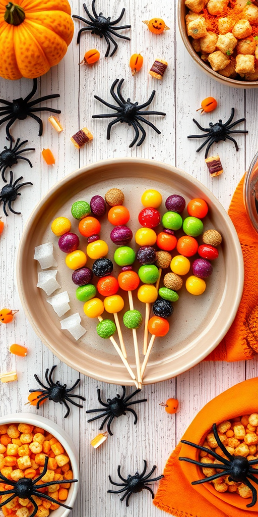 Create a vibrant, high-resolution photo of a playful Halloween-themed snack table featuring colorful candy skewers on a neutral plate surrounded by fun spider decorations and Halloween treats, taken with a DSLR camera at f/2.8, ISO 200, 1/60s, overhead view, with bright natural lighting for enhanced colors and clarity.