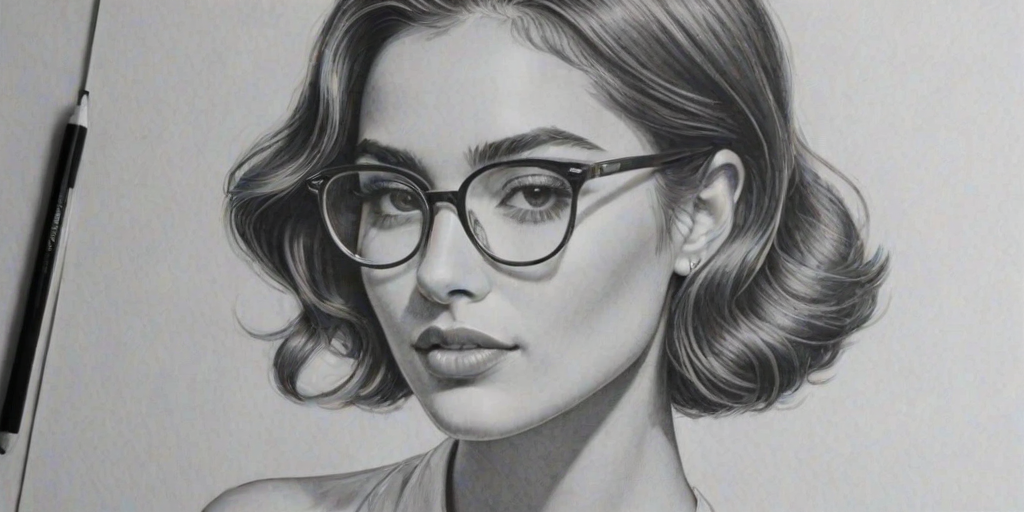 Captivating Olivia Culpo, pencil sketch, portrait of Enchanting woman 1934s in glasses, hair style beatnik, outline, clear lines, fine lines, 8k
