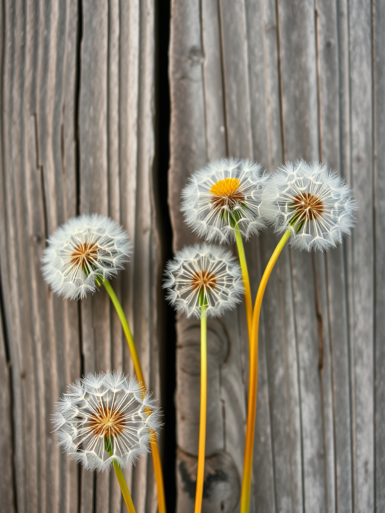 Regenerate an artistic image of delicate dandelions against a weathered wooden background, using a DSLR camera with a 50mm lens, aperture f/2.8, ISO 100, natural lighting, top-down view, and shallow depth of field for enhanced focus on the flowers.