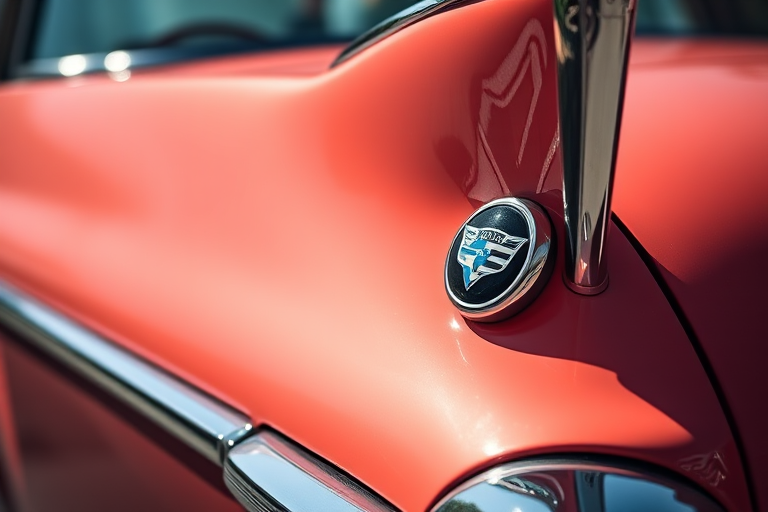 Regenerate the image of a classic car tail with a focus on the rear emblem, using a DSLR camera with a 50mm lens at f/1.8, ISO 100, with a shallow depth of field, shot in natural sunlight for enhanced clarity and color vibrancy.