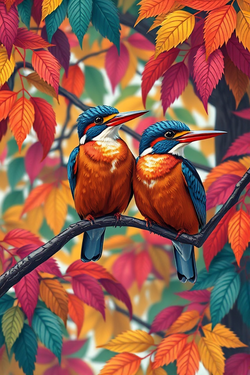 Create an illustration of two vibrant kingfisher birds perched on a branch of a colorful tree, with intricate details in their feathers and surrounding foliage, using a Canon EOS R5 with an aperture of f/8, ISO 100, and a 50mm lens for sharp focus and rich colors.