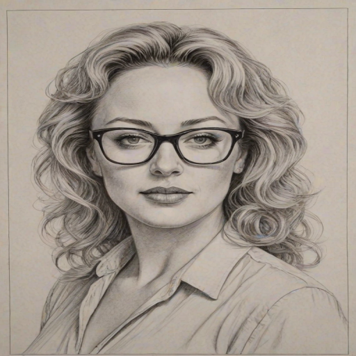 Appealing Virginia Madsen, pencil sketch, portrait of Gorgeous woman 1975s in glasses, hair style beatnik, outline, clear lines, fine lines, 8k