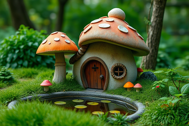 create a high-resolution image of a whimsical mushroom house with three large mushrooms, a small pond in front, lush greenery surrounding it, photographed with a Canon EOS R5, 50mm lens, f/2.8 aperture, 1/100s shutter speed, ISO 100, soft focus background for depth and vivid colors.