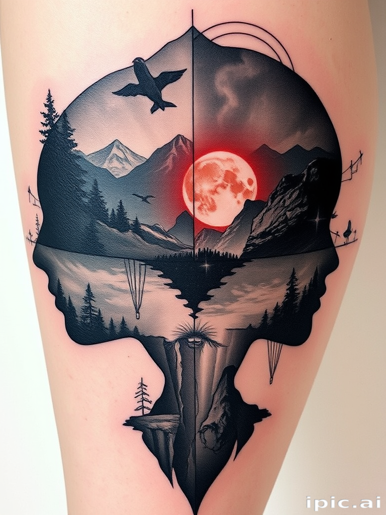 Surrealist double exposure tattoo named "Dreamscape Duality" blending two distinct images into a single cohesive design natural landscapes morph into human profiles creating a haunting and thought-provoking visual narrative fine line work and subtle gradients achieve a dreamlike quality that challenges perception