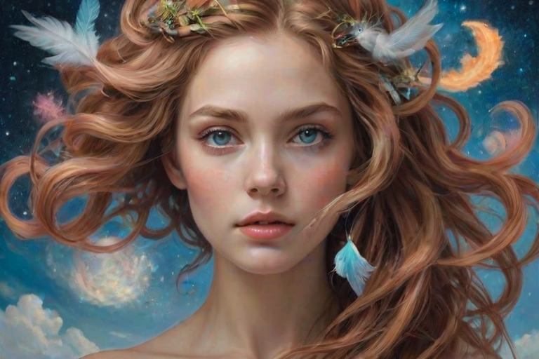 Create a series of imaginative portraits where each subject is infused with elements of fantasy and nature. The hair of the individuals should flow like clouds, varying from soft, fluffy cumulus to wispy cirrus strands, with hints of color reflecting a sunset or a clear blue sky. The eyes should be windows to entire galaxies, with stars, nebulae, and distant planets visible within them. Clothing should be adorned with nature motifs, such as floral patterns that bloom and change, vines that seem to grow and wrap around, or feathers that shimmer with iridescence. Each portrait should capture a unique personality, blending human features with the ethereal beauty of the natural and cosmic world. The backgrounds can vary, from starry night skies to enchanted forests, adding depth and context to the magical realism of the portraits