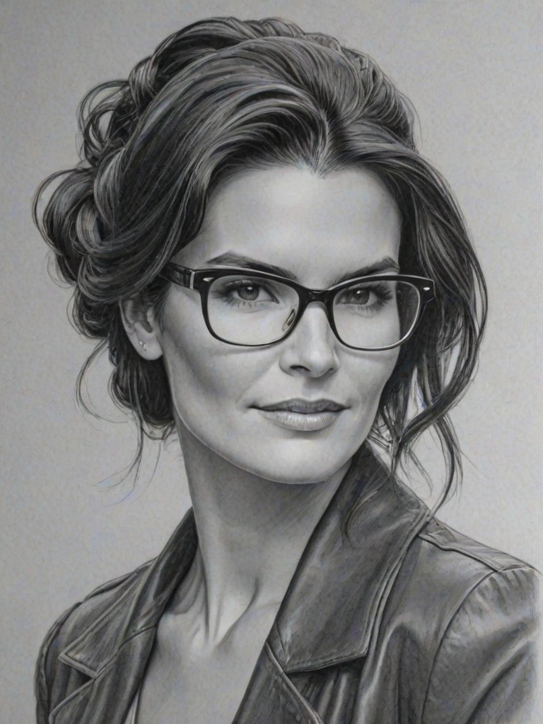 Exquisite Angie Harmon, pencil sketch, portrait of Beauteous woman 1948s in glasses, hair style beatnik, outline, clear lines, fine lines, 8k