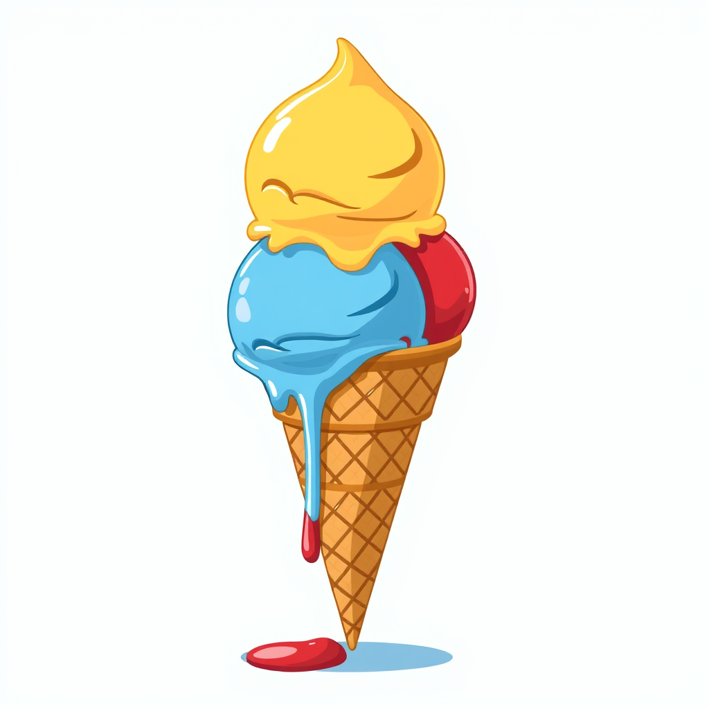 Create a vibrant illustration of an ice cream cone with three scoops (yellow, blue, and red) dripping slightly, using a high-resolution digital camera with a 50mm lens, f/2.8 aperture, and soft lighting to enhance colors and textures, shot from a slightly elevated angle.