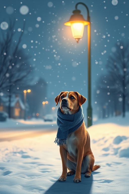 winter scene with a dog wearing a blue scarf standing under a streetlamp illuminating falling snow night setting --ar 16:9 --v 5 --q 2 --camera Canon EOS R5 --focal_length 50mm --aperture f/2.8 --shutter_speed 1/125s --iso 200 --viewpoint eye level --style digital illustration