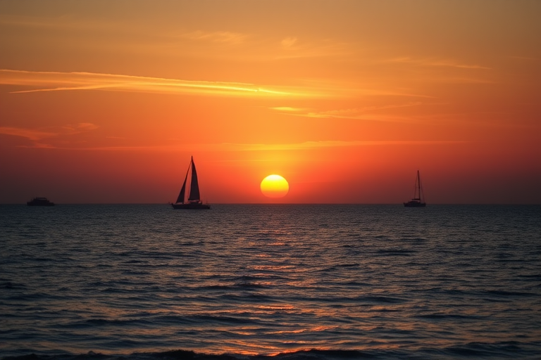 sunset over the ocean with silhouettes of boats, shot with a Canon EOS R5, 50mm lens, aperture f/1.8, shutter speed 1/1000s, ISO 200, natural light, golden hour, soft focus for dreamy effect