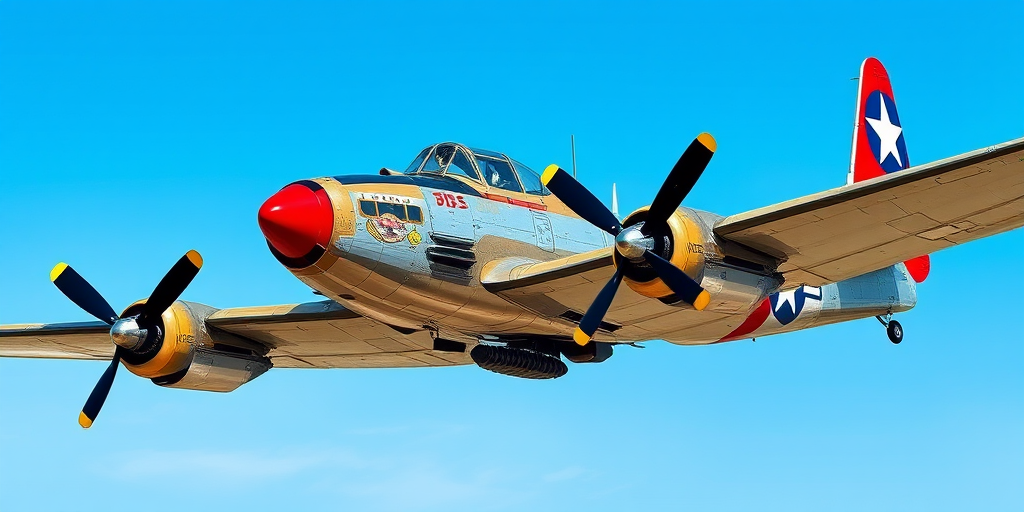 Create a high-resolution illustration of a B-25 bomber aircraft from a side view perspective with a clear blue sky background, using a Canon EOS R5 camera at ISO 100, f/8 aperture, 1/250 shutter speed, with a focus on vibrant colors and fine details of the plane's markings and features.