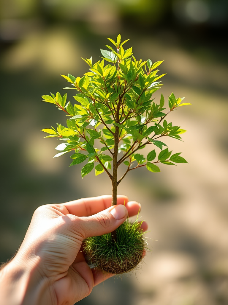 a hand holding a small, lush green tree with vibrant leaves and grass at the base, focus on the details of the tree and hand, 85mm lens, f/2.8 aperture, 1/125 sec shutter speed, natural lighting, shallow depth of field, DSLR camera
