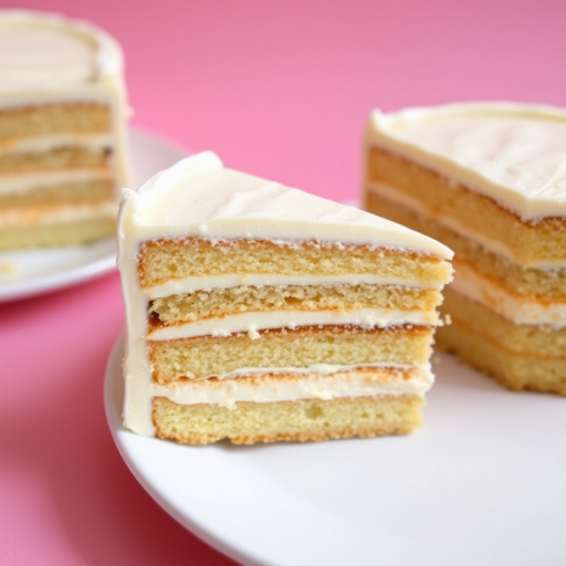 A detailed close-up of a slice of layered cake on a white plate, showing multiple layers of sponge and cream filling. The cake has a creamy frosting and is set against a soft pink background, creating a visually appealing dessert image.