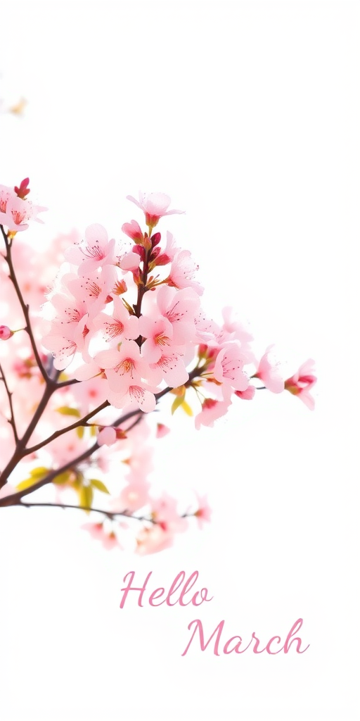 Create a minimalist illustration of a blooming cherry blossom tree with soft pink flowers against a bright white background, using a Canon EOS R5 with a 50mm f/1.2 lens, aperture set to f/2.8 for a shallow depth of field, capturing a gentle sunlight effect that enhances the pastel shades, with the text "Hello March" elegantly integrated into the design.