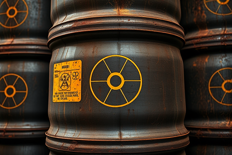 Generate a highly detailed image of a stacked barrel with a rusty texture and a radioactive symbol, shot with a Canon EOS R5 at f/8, 1/60s, ISO 100, in a macro view with dramatic lighting to enhance the textures and colors.