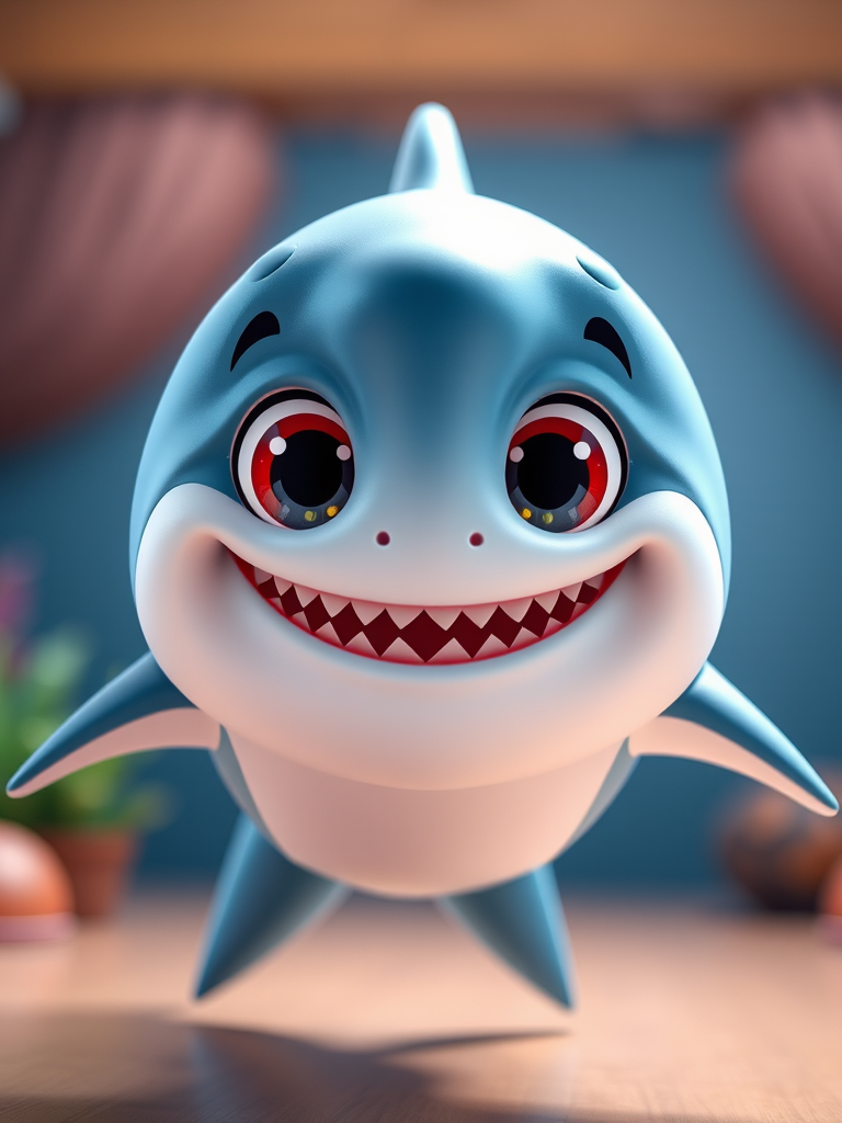Create a vibrant, high-resolution 3D animation of a friendly cartoon shark with a big smile, using a DSLR camera setup with a 50mm lens at f/2.8, ISO 100, and a shallow depth of field, front view, soft lighting to enhance colors and details.