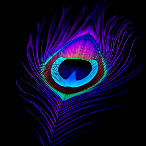Create a vibrant peacock feather design with rich blue and purple hues on a black background, using a DSLR camera with a 50mm lens, aperture set to f/1.8, ISO 100, and a shallow depth of field for enhanced detail and color saturation.