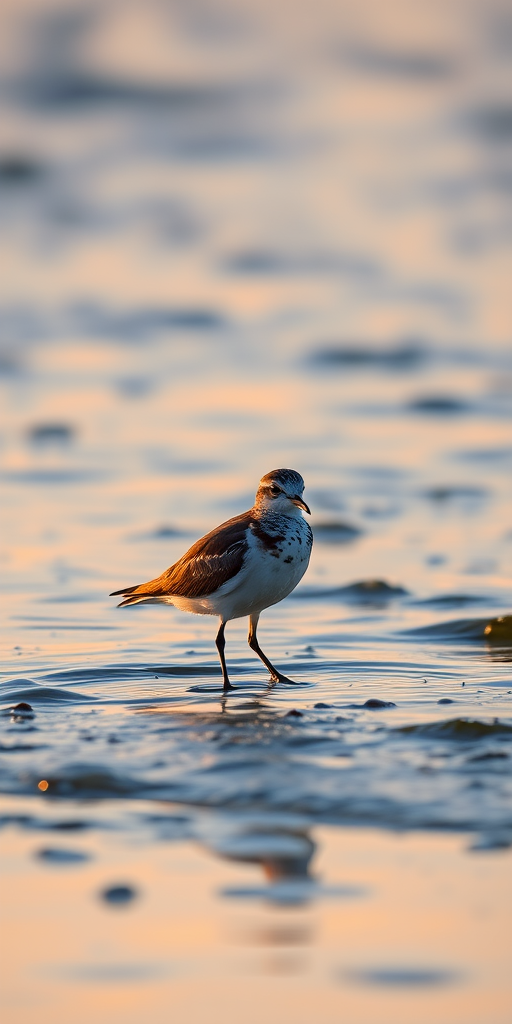 A shorebird standing in shallow water at sunrise, ISO 200, aperture f/5.6, shutter speed 1/500s, captured from a low angle with a telephoto lens on a DSLR camera for enhanced clarity and detail.