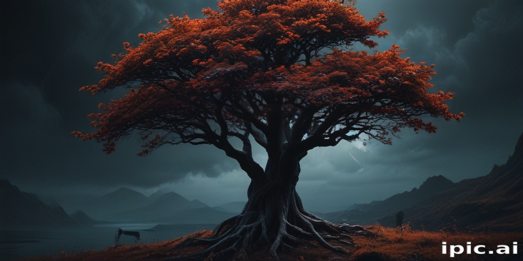 A Majestic Tree with Fiery Red Leaves Against a Dark, Stormy Sky.