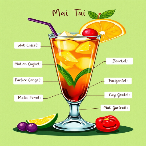 Create a vibrant illustration of a Mai Tai cocktail with clear labeling of ingredients, using a DSLR camera with a 50mm lens, f/2.8 aperture, ISO 100, and a shallow depth of field to enhance color vibrancy and detail against a textured green background.