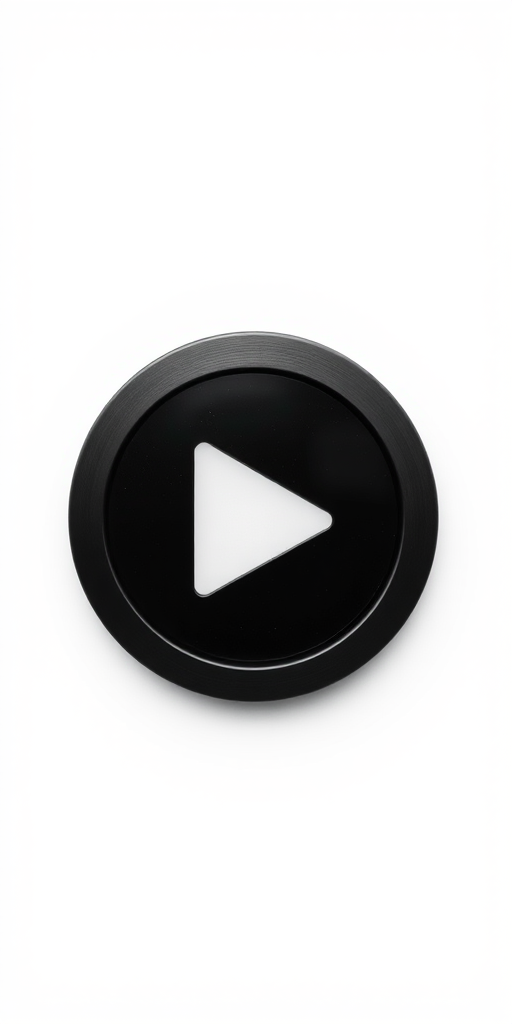 Create a high-resolution image of a play button icon featuring a circular design in black and white with a matte finish, captured with a Canon EOS R5, using a 50mm lens, aperture set to f/2.8, and a 1/100s shutter speed from a straight-on view to enhance contrast and clarity.