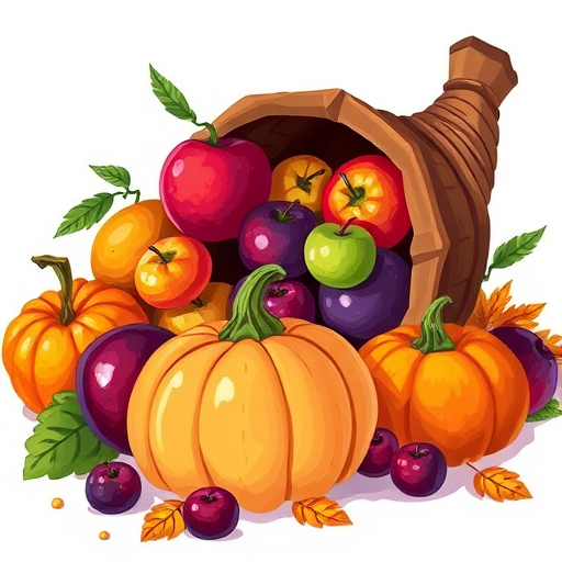 Create a vibrant and colorful illustration of a cornucopia filled with various fruits like apples and a pumpkin, set against a simplified background, using a digital painting style, with a sharp focus, high saturation, and a resolution of 300 DPI.