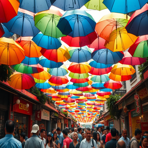 Capture a vibrant street scene filled with colorful umbrellas suspended overhead, using a wide-angle lens at f/8 for depth of field, shoot with a Canon EOS R5 at ISO 200, 1/200 sec shutter speed, focusing on the lively crowd below to enhance the atmosphere.