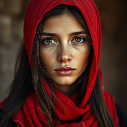 Create a portrait of a young Berber woman with long, dark hair and captivating hazel eyes. She is wearing a red headscarf and a matching scarf draped gracefully around her neck. The background is softly blurred, focusing attention on her serene and natural expression. The overall color palette is muted and warm, enhancing the intimate and authentic feel of the portrait.
