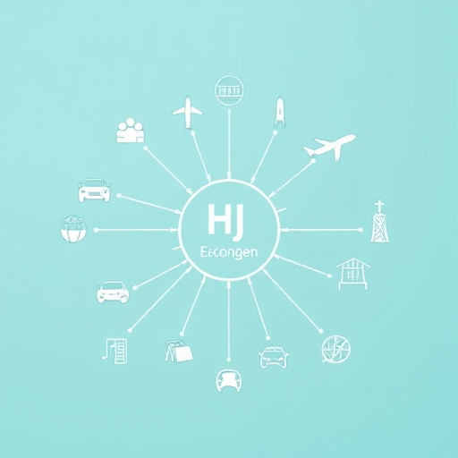 Create an infographic representing the hydrogen economy with interconnected icons for shipping, cars, planes, and infrastructure on a soft teal background, using a Nikon D850 camera at f/4.5, ISO 100, with a 50mm lens in a shallow depth of field to enhance clarity and focus.