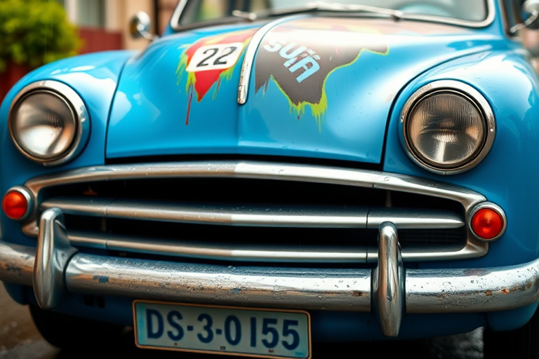 Regenerate the image of a vintage blue car with a colorful paint job, focus on the front view, using a DSLR camera with a 50mm lens, aperture f/1.8, ISO 100, and a soft bokeh effect to enhance background blur, in bright natural lighting with raindrops on the car surface.