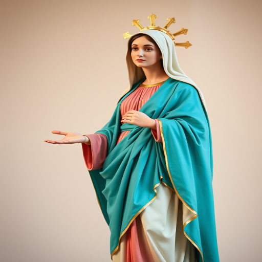 Generate an image of a stylized Virgin Mary with a serene expression, wearing a flowing turquoise robe and standing gracefully with a hand outstretched amidst a soft, neutral background, using a Canon EOS R5 with a 50mm f/1.2 lens at f/1.8, ISO 100, 1/200s for clarity and depth, in natural light to enhance color vibrancy and detail.