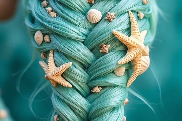 Turquoise to seafoam green mermaid braid adorned with seashells and starfish accessories, known as "Siren's Song" hair, featuring an intricate woven pattern