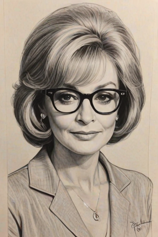Dazzling Barbara Walters, pencil sketch, portrait of Sublime woman 1968s in glasses, hair style beatnik, outline, clear lines, fine lines, 8k