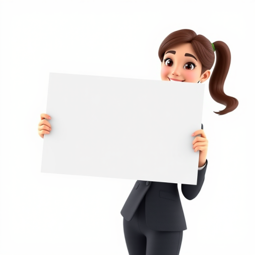 3D animated character of a young woman in a business suit holding a blank sign, full-body pose, bright lighting, white background, Canon EOS R5 camera, 50mm lens, f/1.8 aperture, ISO 100, high dynamic range, soft focus.