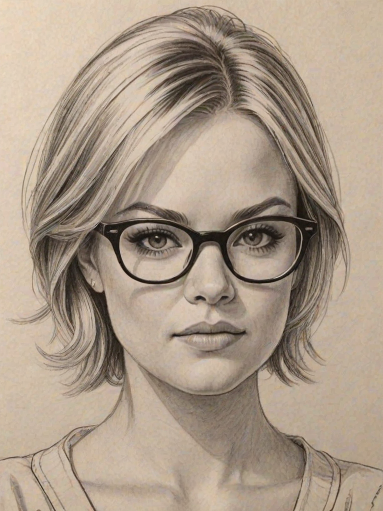 Appealing Kirsten Storms, pencil sketch, portrait of Fetching woman 1967s in glasses, hair style beatnik, outline, clear lines, fine lines, 8k