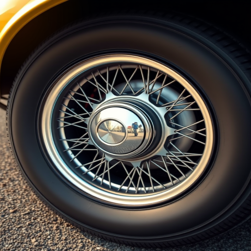 Create a high-resolution digital illustration of a classic car tire with detailed spokes and a shiny central hubcap, shot from a top-down angle, using a DSLR camera with an aperture of f/2.8, ISO 100, and a focal length of 50mm to enhance depth of field and sharpness.