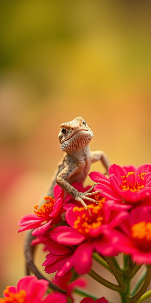 capture a close-up of a lizard perched on flowers with soft focus background, camera settings ISO 100, aperture f/4, shutter speed 1/250s, 50mm lens, natural light, macro photography style, DSLR camera