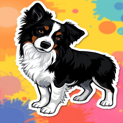 generate sticker, 3D black and white cav a malt dog breed, colorful background