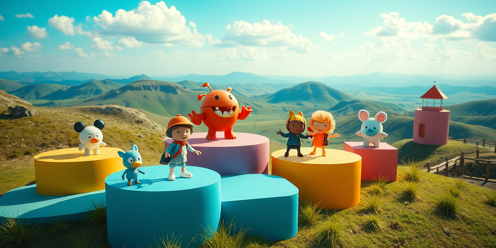 Create a vibrant digital scene featuring whimsical cartoon characters on colorful platforms in a bright landscape, using a DSLR camera with a 50mm lens, f/1.8 aperture, ISO 100, 1/250 sec shutter speed, top-down view, and a saturated color style for enhanced image quality.
