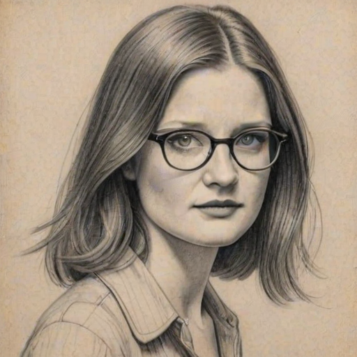 Graceful Bonnie Wright, pencil sketch, portrait of Enticing woman 1929s in glasses, hair style beatnik, outline, clear lines, fine lines, 8k