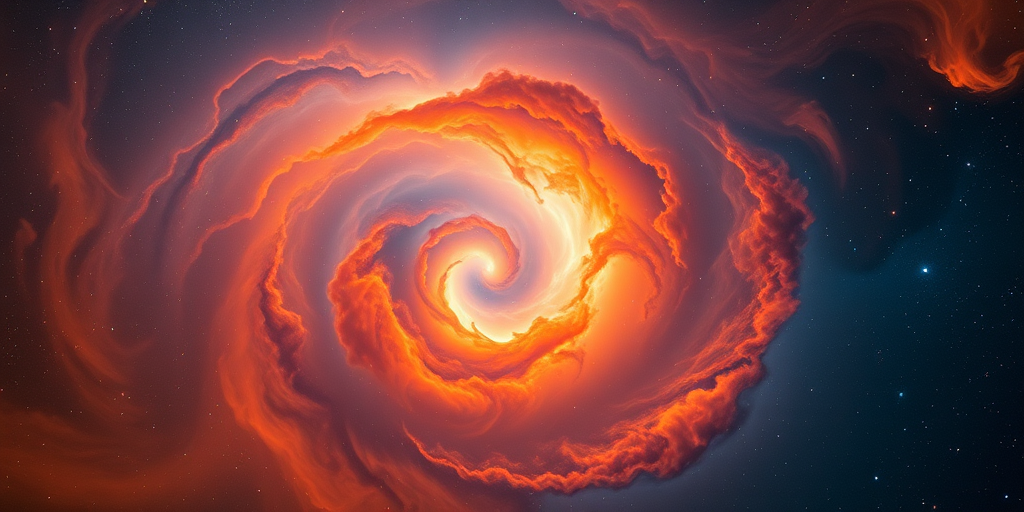 A swirling cosmic nebula with vibrant oranges and blues, showcasing swirling clouds and celestial formations, captured with a Canon EOS R5, 24mm lens, f/2.8 aperture, ISO 100, shot with a long exposure style to enhance light trails and details.