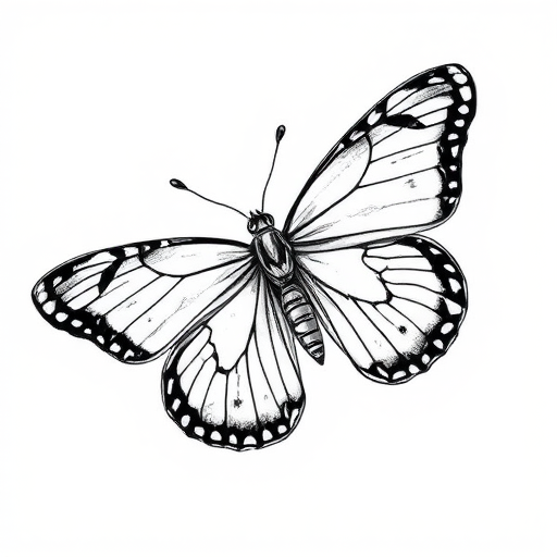 Create a detailed black and white illustration of a butterfly with intricate patterns in its wings, using a high-resolution digital camera with a 50mm lens, f/2.8 aperture, ISO 100, and a macro view to enhance the clarity and detail of the lines and designs.